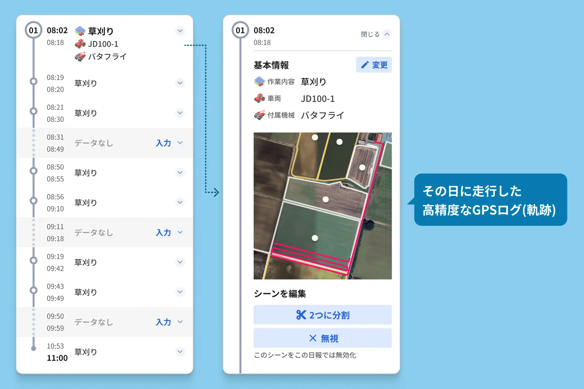 GPSログから自動生成された日報のシーン一覧と編集画面
